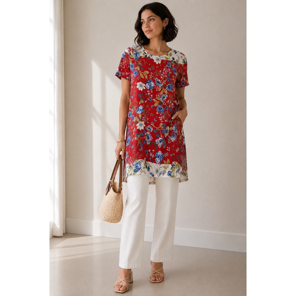 J. Jill Rhubarb Floral Butterfly Tunic Dress Red White Blue Size M